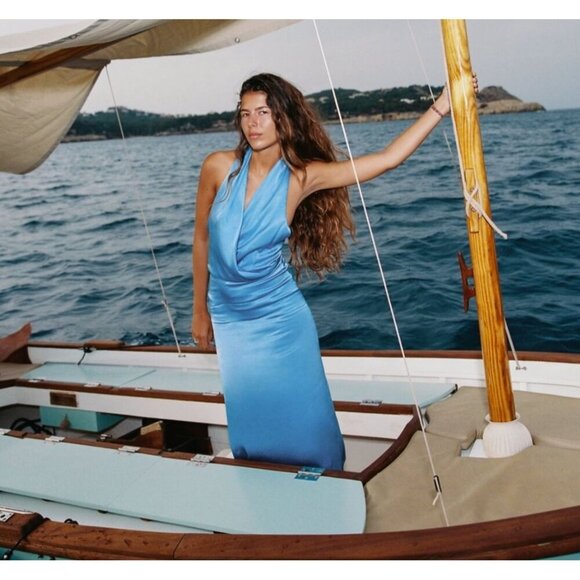 Zara Women Satin Halter Backless Long Dress Sky Blue Size XL - Picture 1 of 10